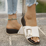 Buckle Decor Wedge Slippers Women Fashion Rivet High Heel White Sandals Woman Summer Slip On Pu Leather Platform Slides Mujer