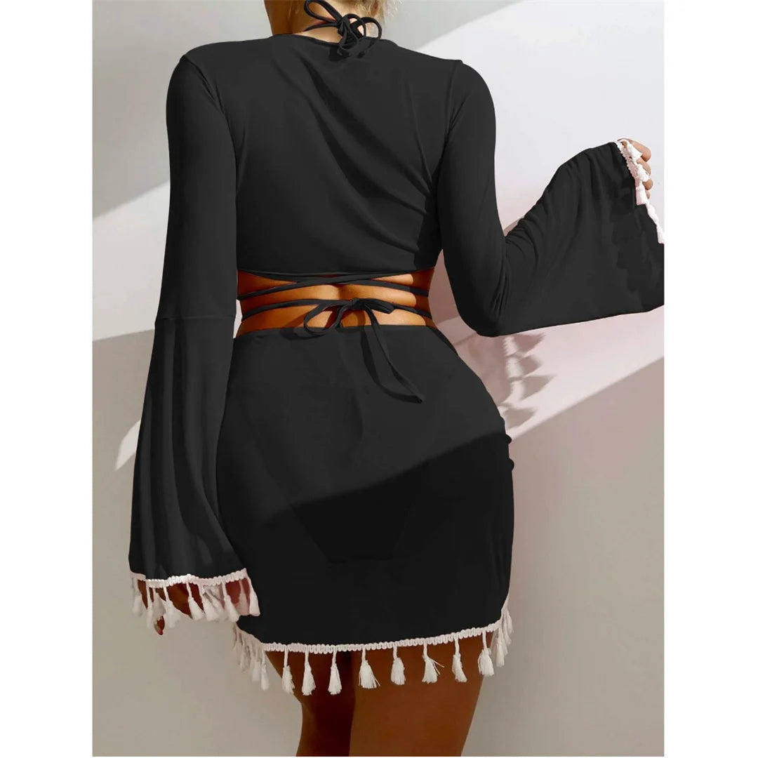 S - XL With Tassel Skirt Long Sleeve Bikini Women Swimwear Female Swimsuit Four-pieces Bikini set Bather Bathing Suit Swim V7060