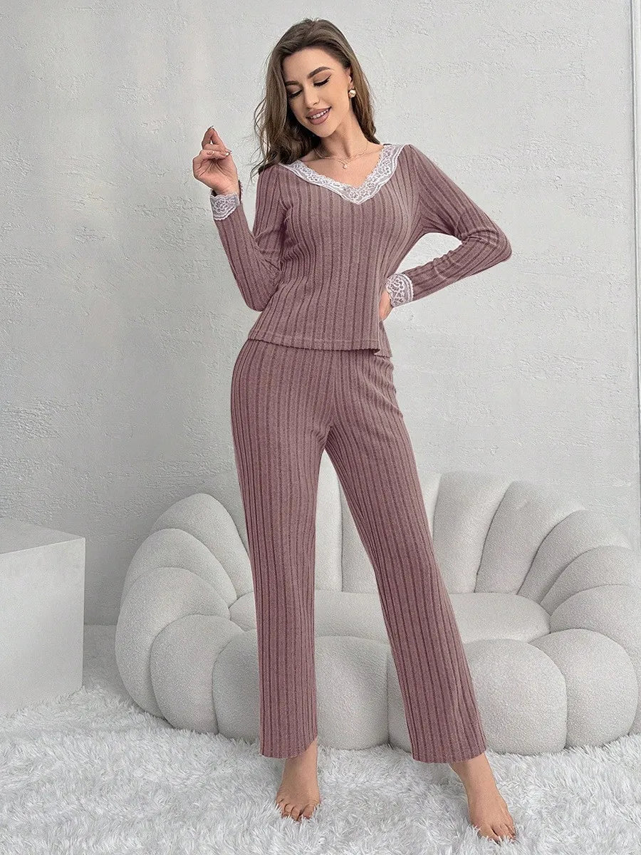Autumn and winter new women's home wear fashionable casual pajamas temperament V-neck lace splicing set long sleeved pants Y2K