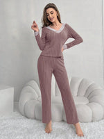 Autumn and winter new women's home wear fashionable casual pajamas temperament V-neck lace splicing set long sleeved pants Y2K
