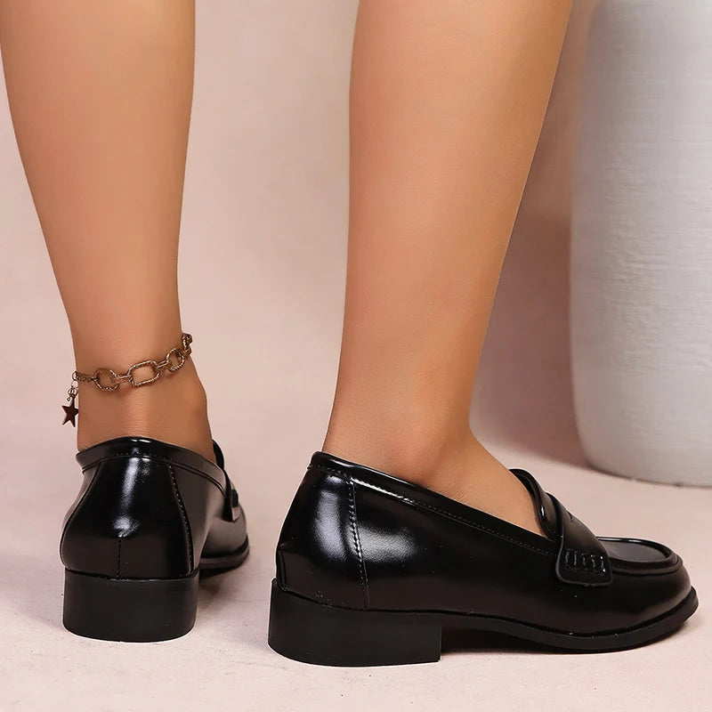 Elegant Black Pu Leather Flats Women Plus Size 42 Comfortable Low Heel Loafers Woman 2026 Slip On Dress Office Shoes Ladies