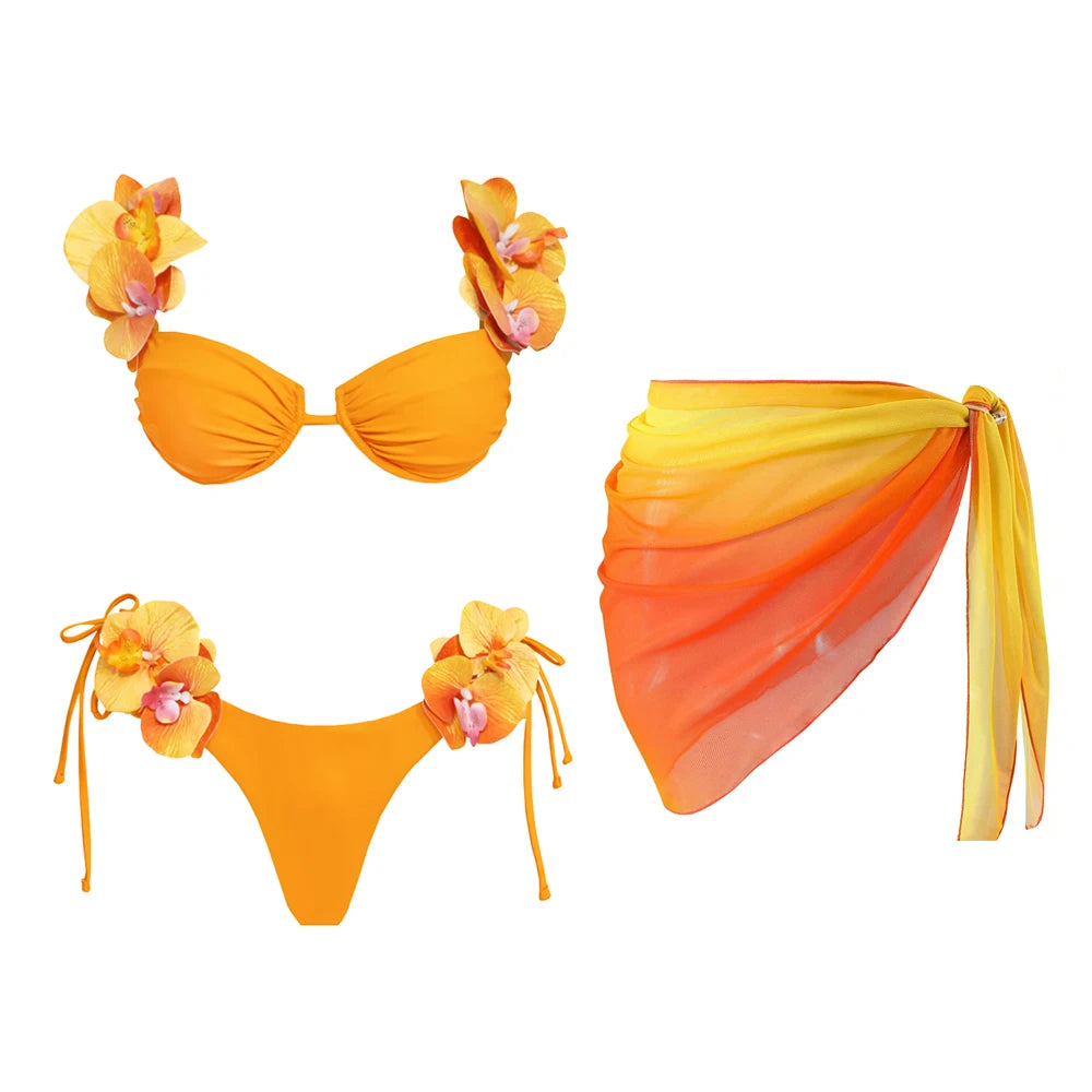 Flower Bikini With Skirt Set Sexy Women 3Pcs Swimsuit Push Up Swimwear Female Bandeau Biquini Bathing Suit Bodysuit Beachwear