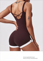 Women's Seamless Yoga Jumpsuit - Quick-Dry Color Block Naked Feel Bodysuit & Cut-Out Backless Straps for Running Fitness Workout