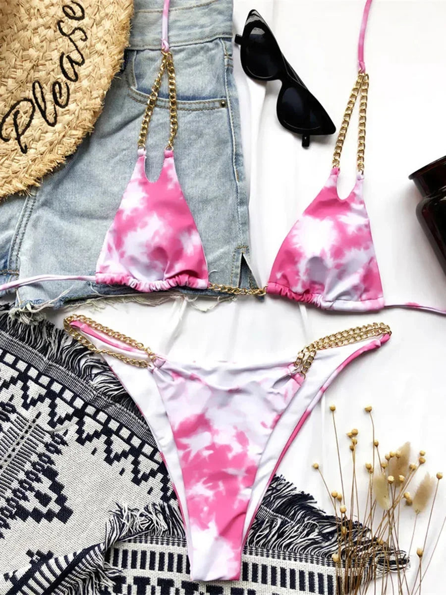 Sexy Cow Print Halter Metal Chains Brazilian Bikini Women Swimsuit Female Swimwear Two Pieces Bikini Set Bathing Suit Swim Lady