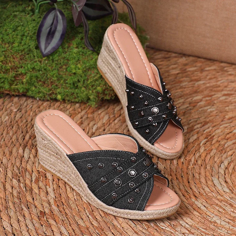 Fashion Denim Chunky Wedge Sandals Women 2025 Rivets Decor High Heels Slippers Woman Peep Toe Thick Bottom Sandles Plus Size 43