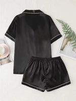 Summer Silk Satin Pajamas Set Womens Short Sleeve Turn-down Collar Button Top & Shorts Sleepwear Loungewear Nightwear