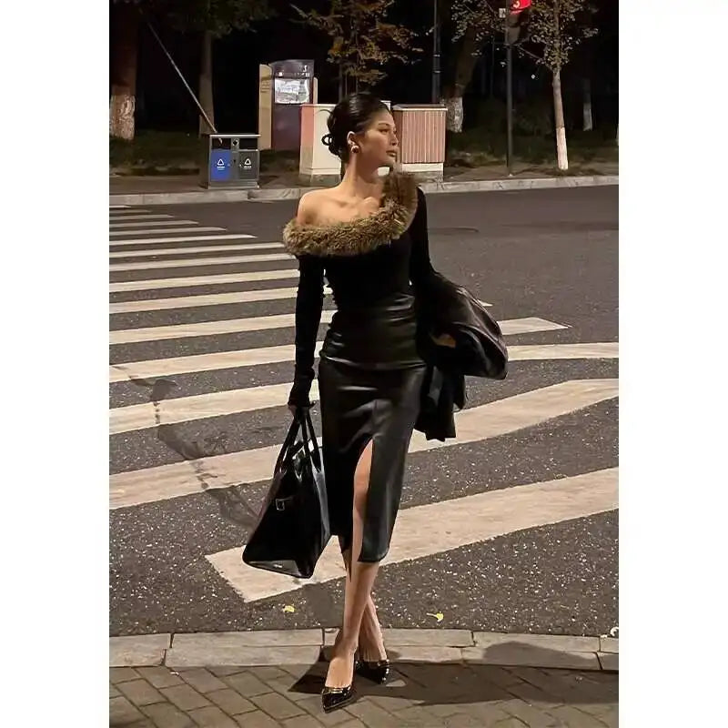 Sexy One Step Split PU Leather Half Skirt For Women's New High Waisted Slim Streetwear Black PU Fashion Womne Mini DressYTM8