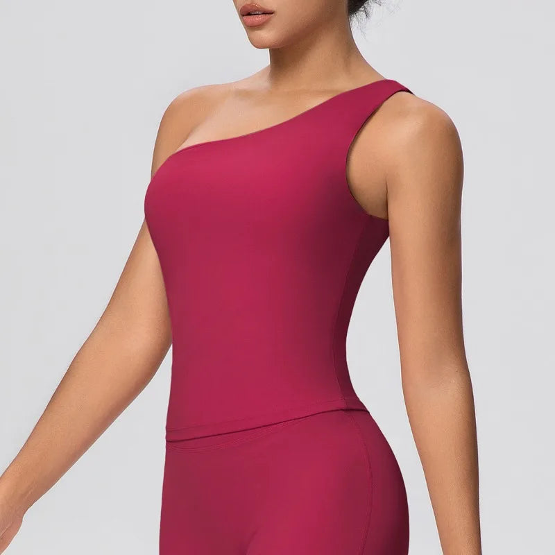 Women Seamless Cloud Feel One-Shoulder Waist-Cinching Yoga Vest Quick-Dry Slimming Sports Shaping Underwear Running Fitness Top