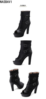 White Sexy Women Sandals Peep Toe 12cm Chunky Platform Zipper Belt Big Size 34-50 Dating Nightclub Ankle Cool Sandals Boots