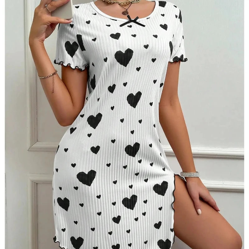 New Women's Pajama Love Dress Pajama Short Sleeve Printed Bow Loose Pajama Home Clothes Comfortable and Soft Hot Selling Gift