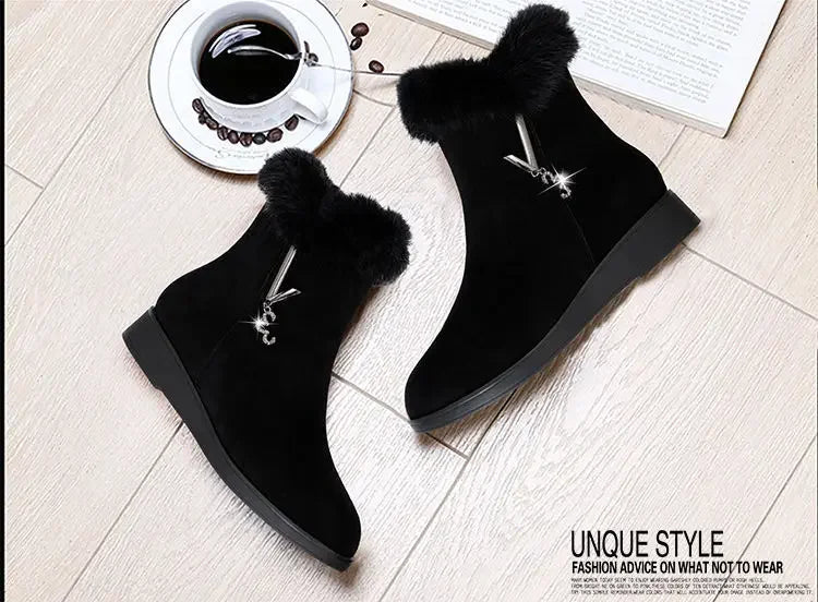 Plush Womens Boots Comfortable Hick-soled Fur Shoes Fashion Ladies Shoes Zipper Women Vulcanized Shoes Anti-slip Chaussure Femme