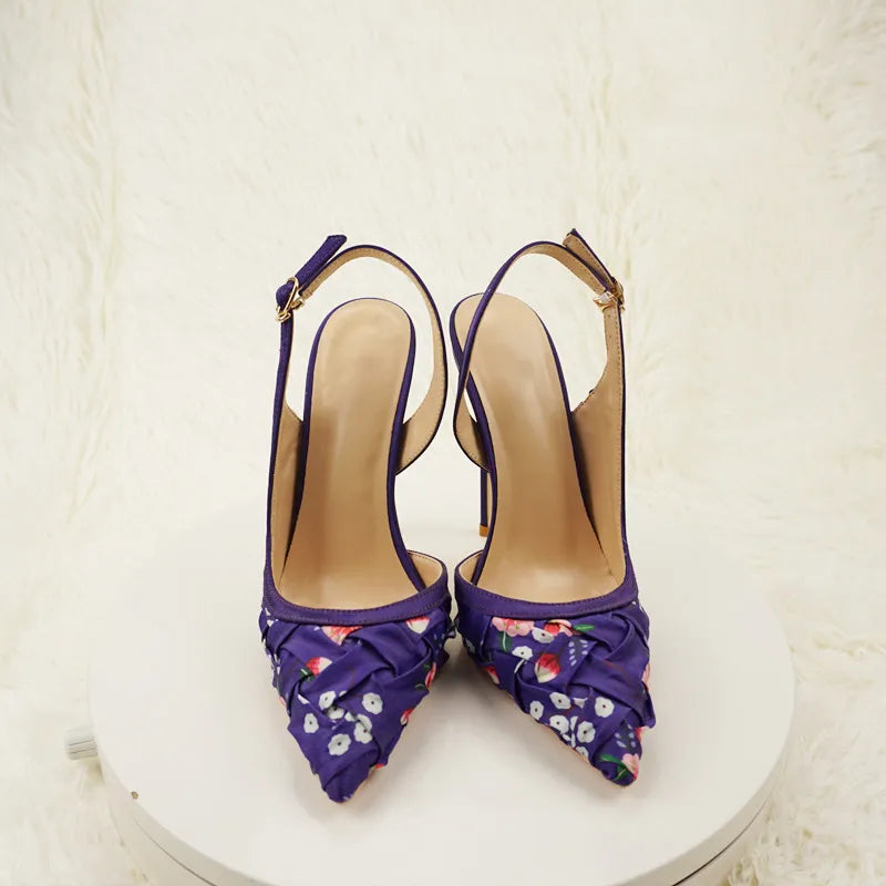 NoEnName_Null-Blue satin women's high heel sandals, dance, flowers, Silk patterned high-heeled shoes 12cmBanquet shoes