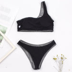 Fashion Single Shoulder Women Bikinis Set Female Shinning High Waist Swimsuit Swimwear Woman Solid Glitter Beach Bathing Suit