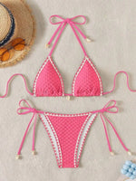 Sexy White Contrast Bikinis Sets 2026 Women Shell Ornament Push Up Tie Side Thong Swimsuit Summer Bathing Suit Micro Swimwear