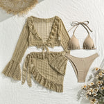 Sexy 4 Pieces Bikinis Sets Women Mesh Long Sleeve Cover Up Beach Skirt Swimwear Holiday Beach Bathing Suit Patchwork Swimsuit