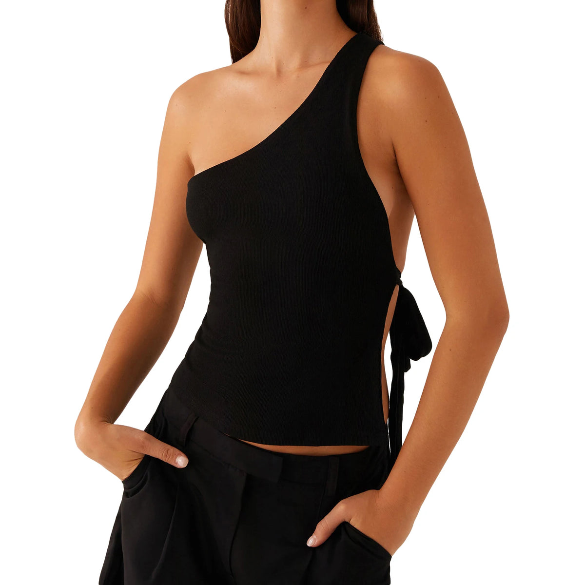 Women Off One Shoulder Tank Tops Solid Color Stylish Side Tie Design Vest Summer Fashion Streetwear