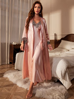 Women's Sexy Elegant Loungewear Set Lace Trim Robe Nightdress Two Piece Fashion Homewear