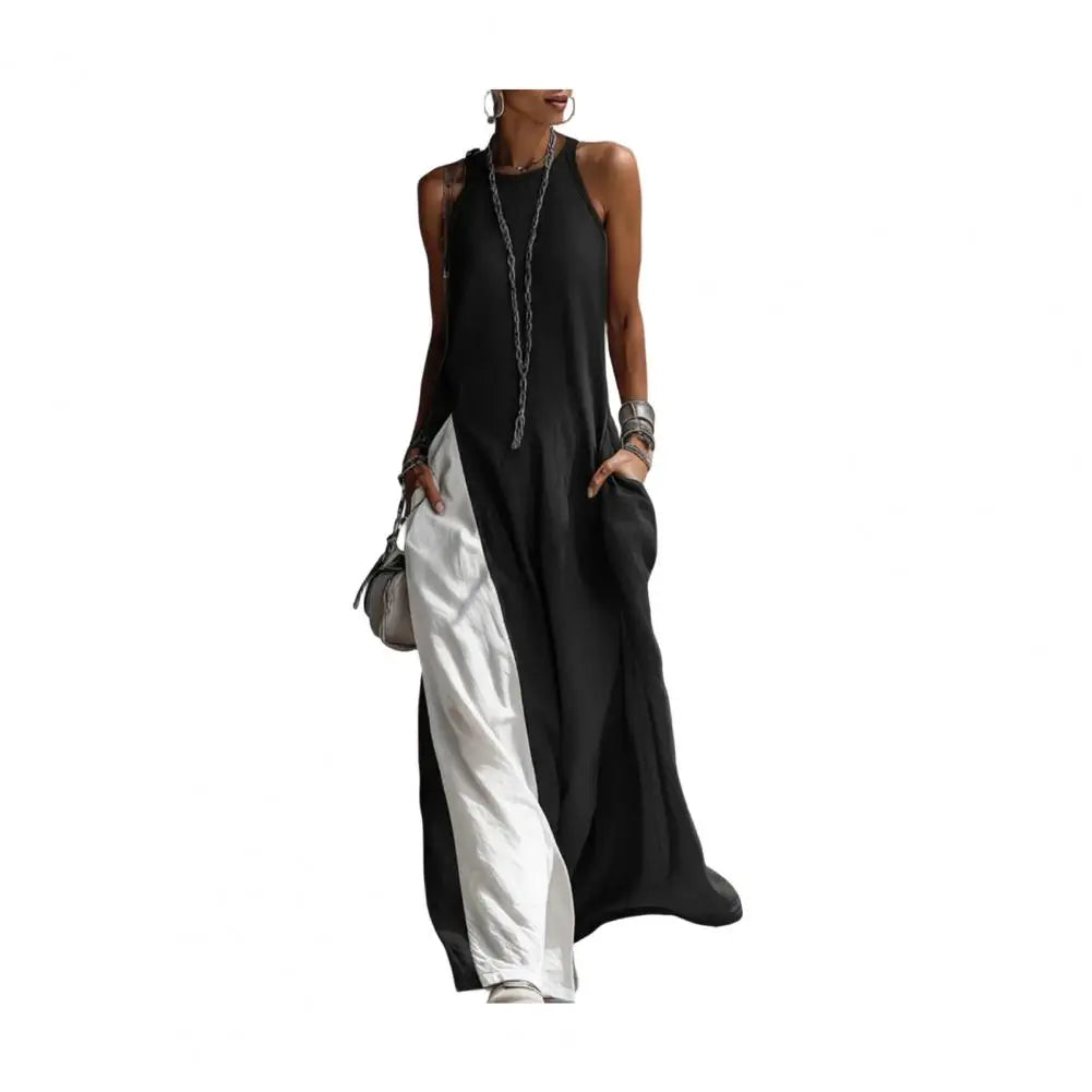 Summer Casual Beach Sundress with Pockets Women's Flowy Long Tank Top Side Split Crew Neck Sleeveless Maxi Dress