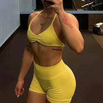 2PCS Backless Sports Bra High-Waisted Yoga Shorts Set Sexy Neck Hanging Design Abdomen Hip Lifting Fitness Outfit