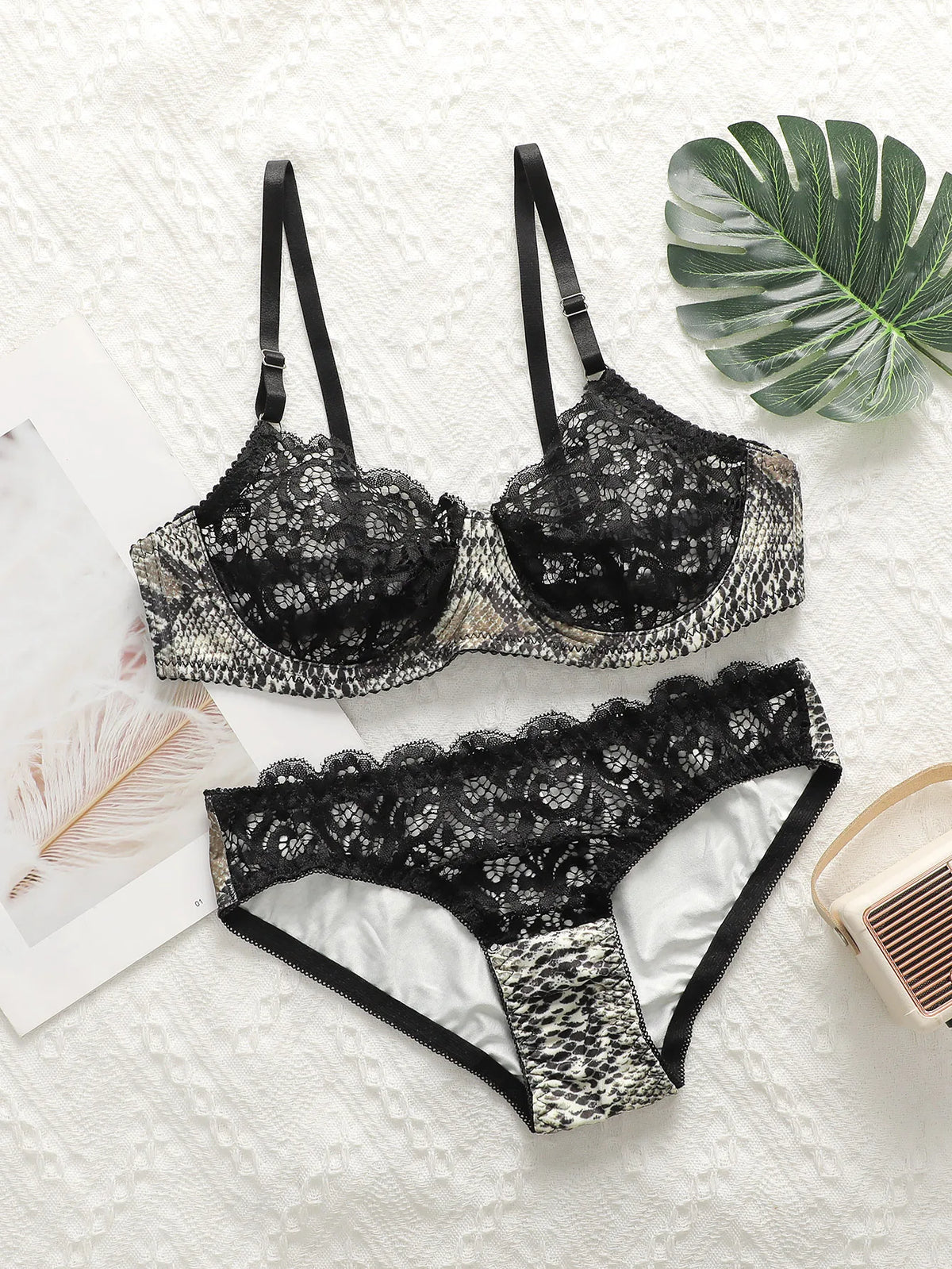 Women's sexy bra set with lace ultra-thin 2-piece leopard print Underwear is suitable for special occasions and daily use A3132