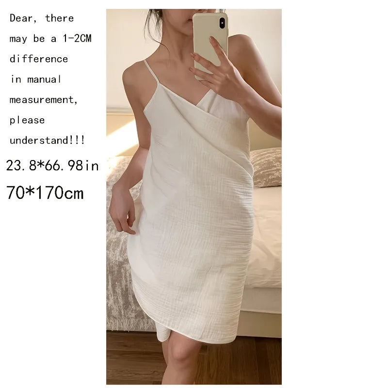 Women Gauze Bath Dress 1pc Black White Contrast Camisole Bathrobe, Soft Absorbent Wearable Bath Towel for Shower Spa Home