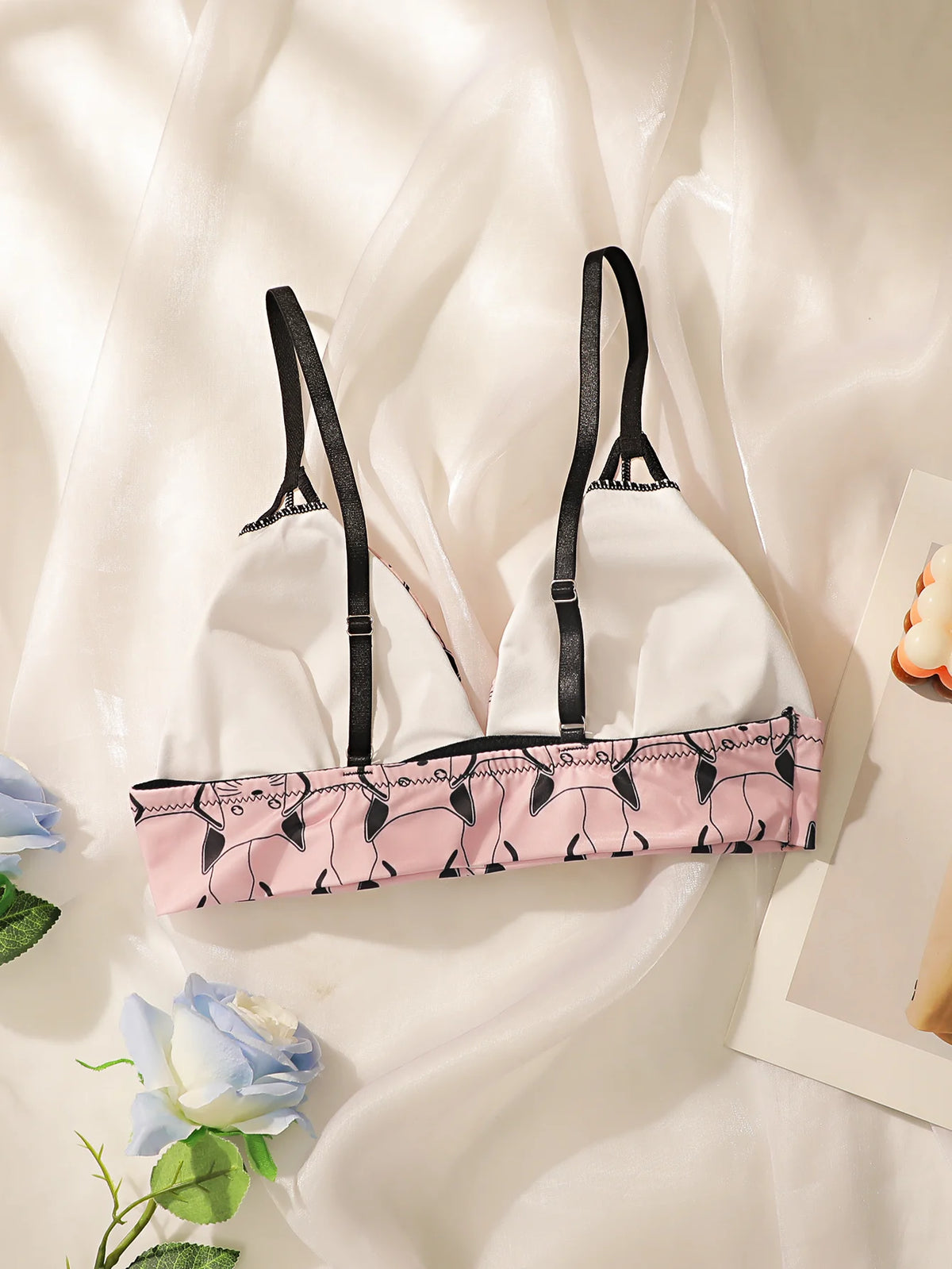 Kawaii Cat Print Triangle Bralette Women Wireless Thin Cup Bra Cute Pink Soft Breathable Daily Lingerie For Teen Girls MR2844