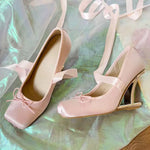 2025 Brand New Summer y2k Pink Square Toe Ballet Shoes Women Ribbon Lace-up Hollow out Wedge High Heels Party Pumps Daily Life