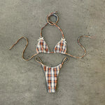 New 2026 Women's Micro Bikini Set Plaid Print Neck Lace-up Backless Biquini Beachwear Sexy Push Up Thong Low WaistBathing Suit