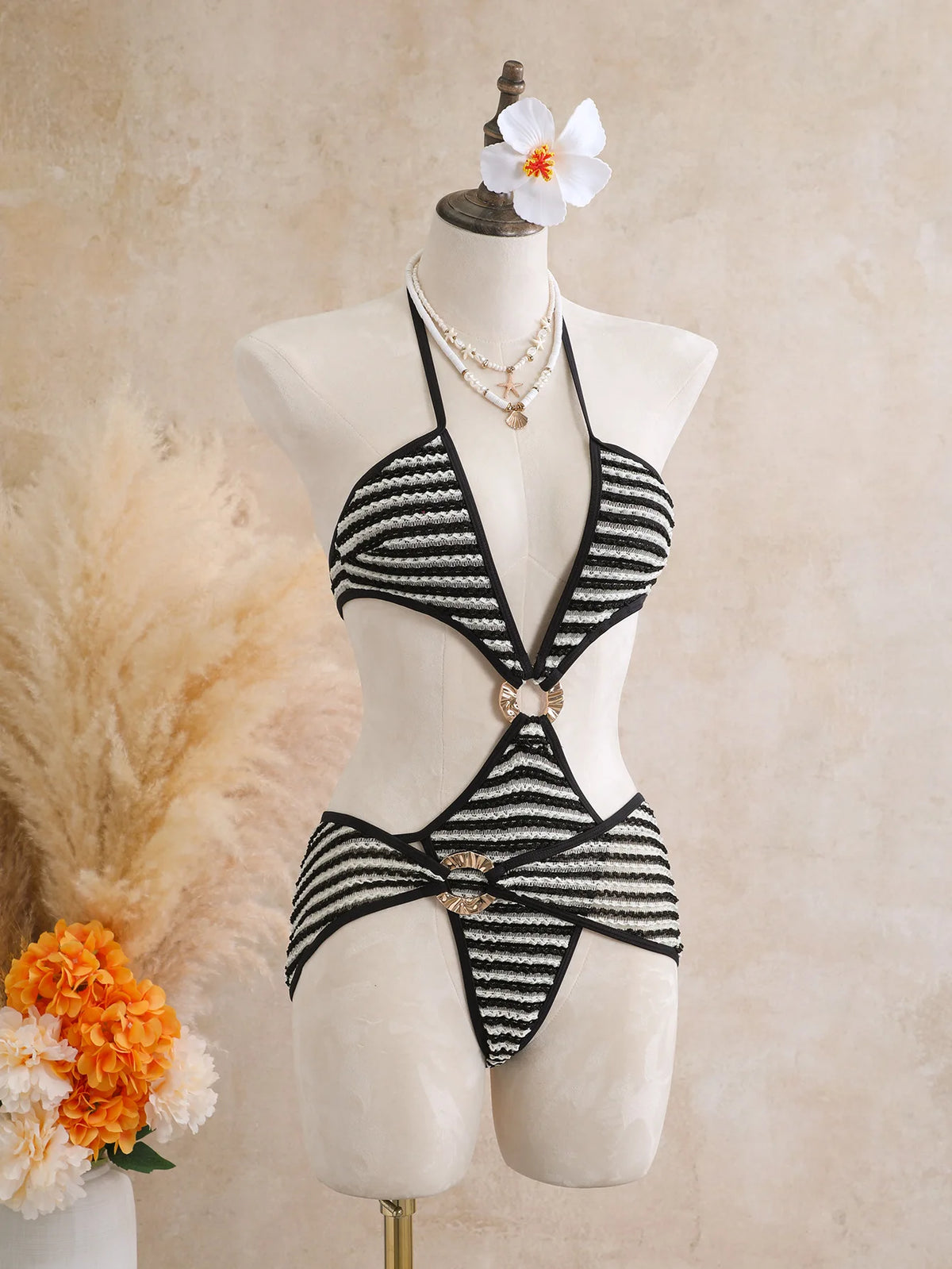 Sexy Black Stripe Knitted One Piece Swimwear Skirts Sets 2026 Women Metal Circle Hollow Out Backless Bathing Suit Thong Swimsuit