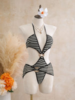Sexy Black Stripe Knitted One Piece Swimwear Skirts Sets 2026 Women Metal Circle Hollow Out Backless Bathing Suit Thong Swimsuit