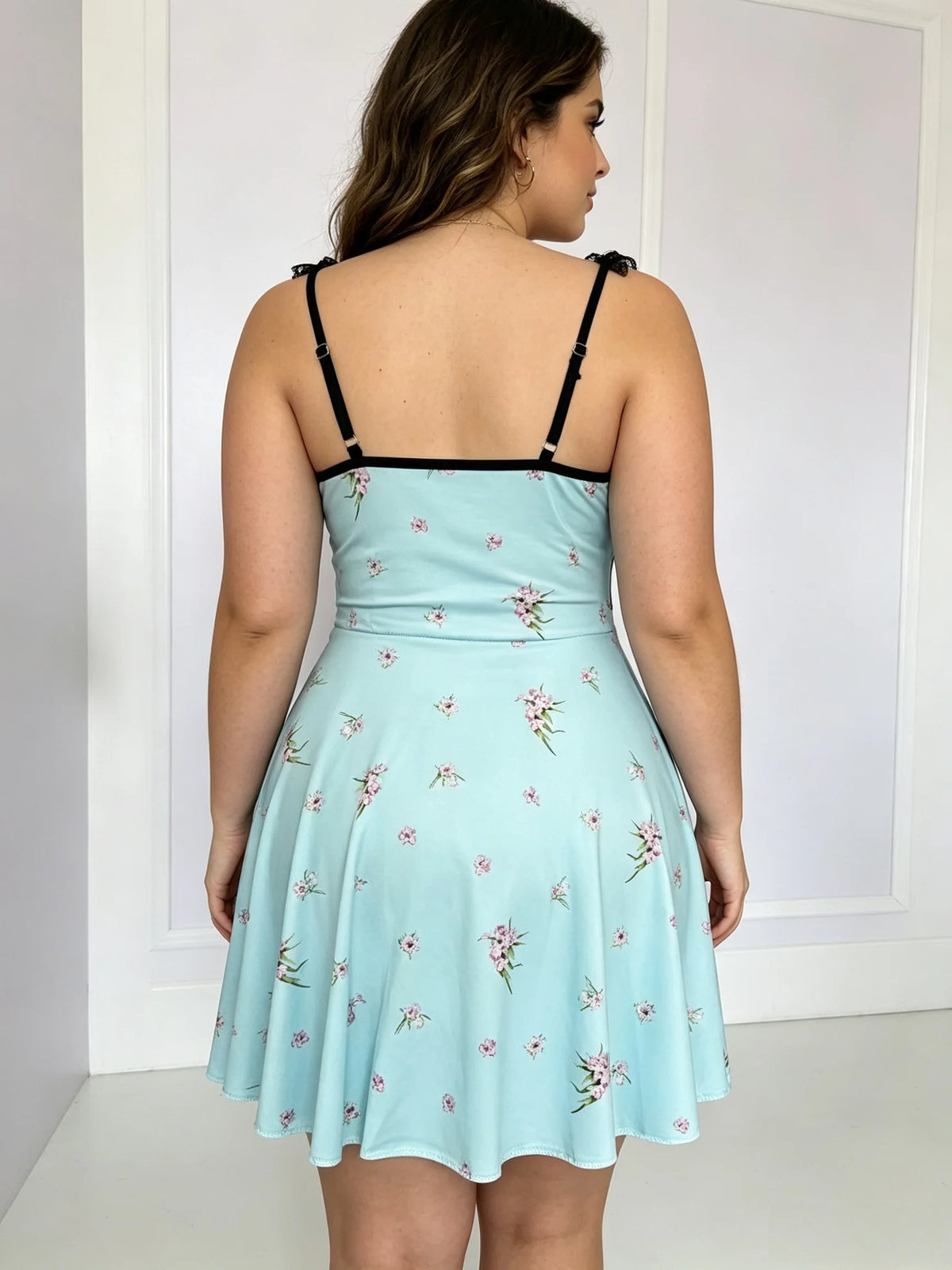 European and American large size elastic body-hugging halter neck sleep dress, blue, floral pattern, lace trim, women's casual,