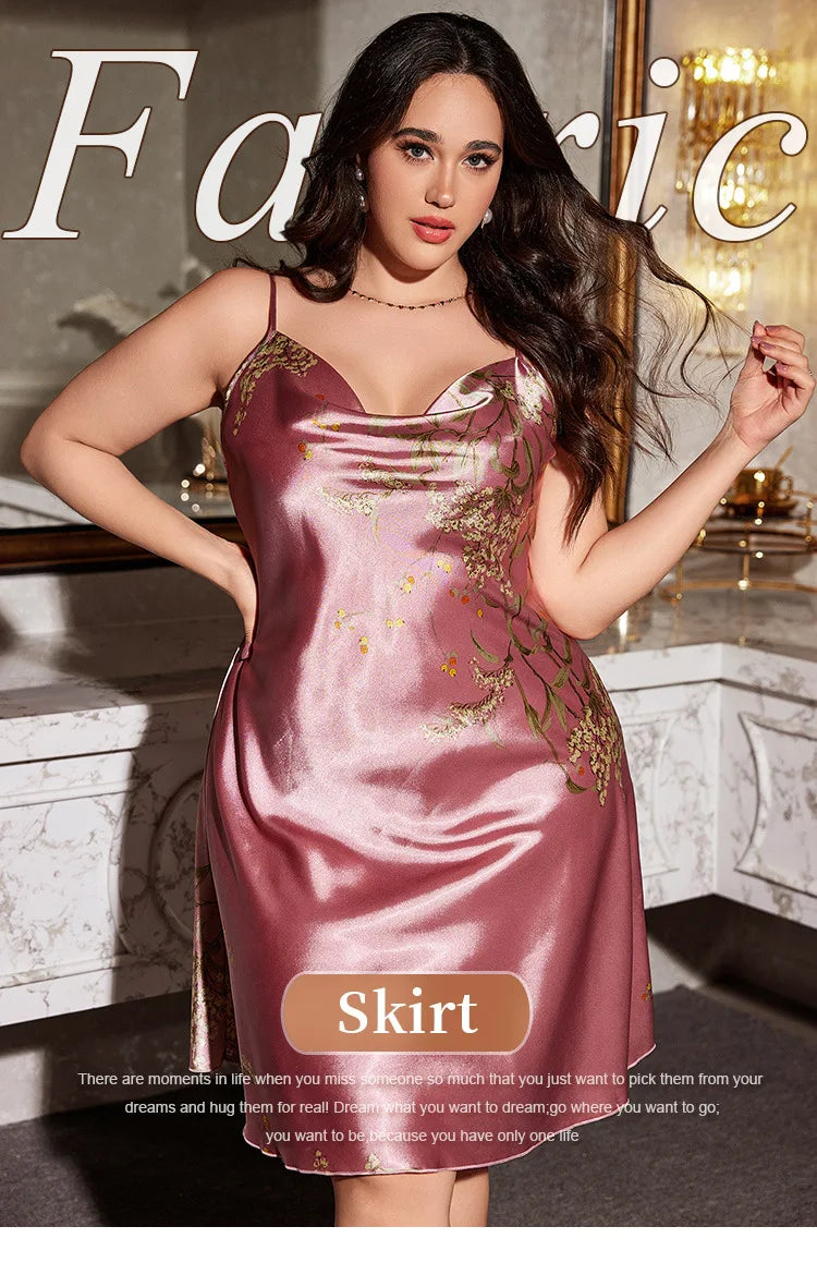 Plus Size Ice Silk Suspender Skirt Spring and Summer Sexy Printed Simple Pajamas Women's Home Wear Pajamas Nightgown Sleepwear