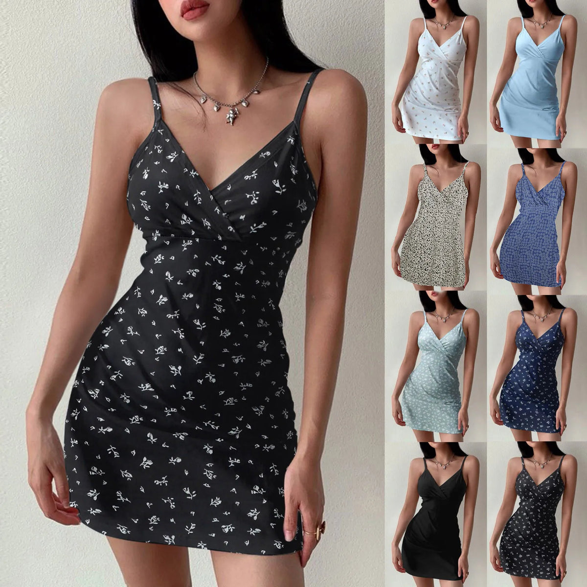 Women's Bohemian Floral Print Mini Dress V Neck Spaghetti Strap Wrap Bodycon Short Dress Casual Slim Fit Summer Beach Sundress