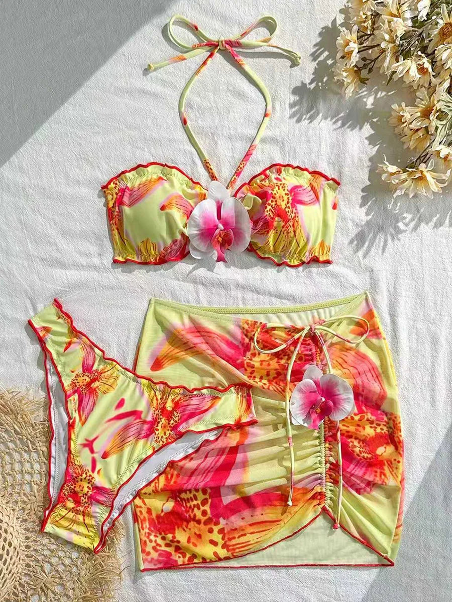with Mesh Skirt 3D Flowers Halter Bandeau Bikini Female Swimsuit Women Swimwear Three-pieces Bikini Set Bathing Suit Beachwear