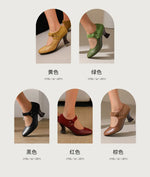 Summer Spring Cute Women Pumps Round Toe 6.5cm Small Heels Flock and PU Ankle Strap Buckle Green Yellow Big Size 46 48