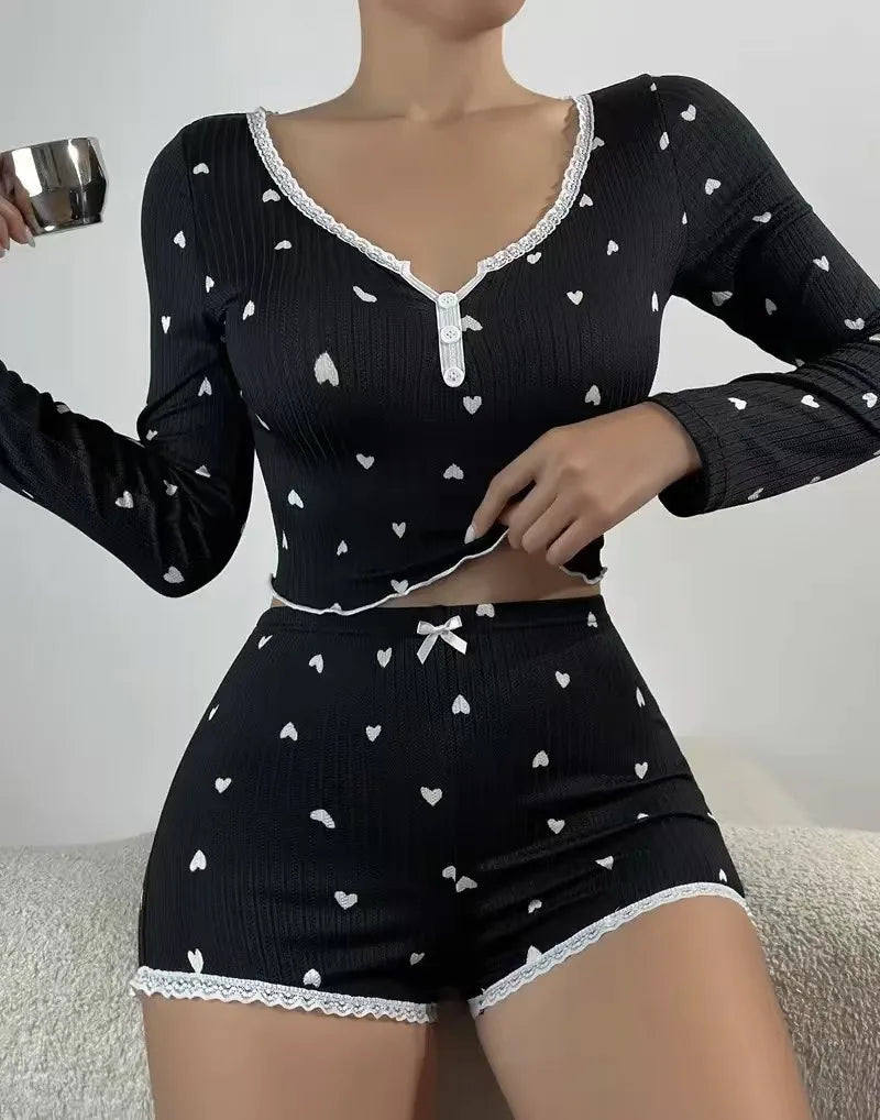 New 2PCS Women Elegant Pajama Set V-Neck Long Sleeve Top Pants Heart Pattern Sleepwear Comfortable Knit Homewear Casual Style