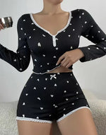 New 2PCS Women Elegant Pajama Set V-Neck Long Sleeve Top Pants Heart Pattern Sleepwear Comfortable Knit Homewear Casual Style