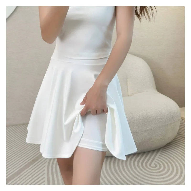 Women Flared Skirts Summer Basic Skirt Fashion Dancer Uniform Versatile Black Safety Pants Skirt Elastic Pleated Skirt Long 45CM