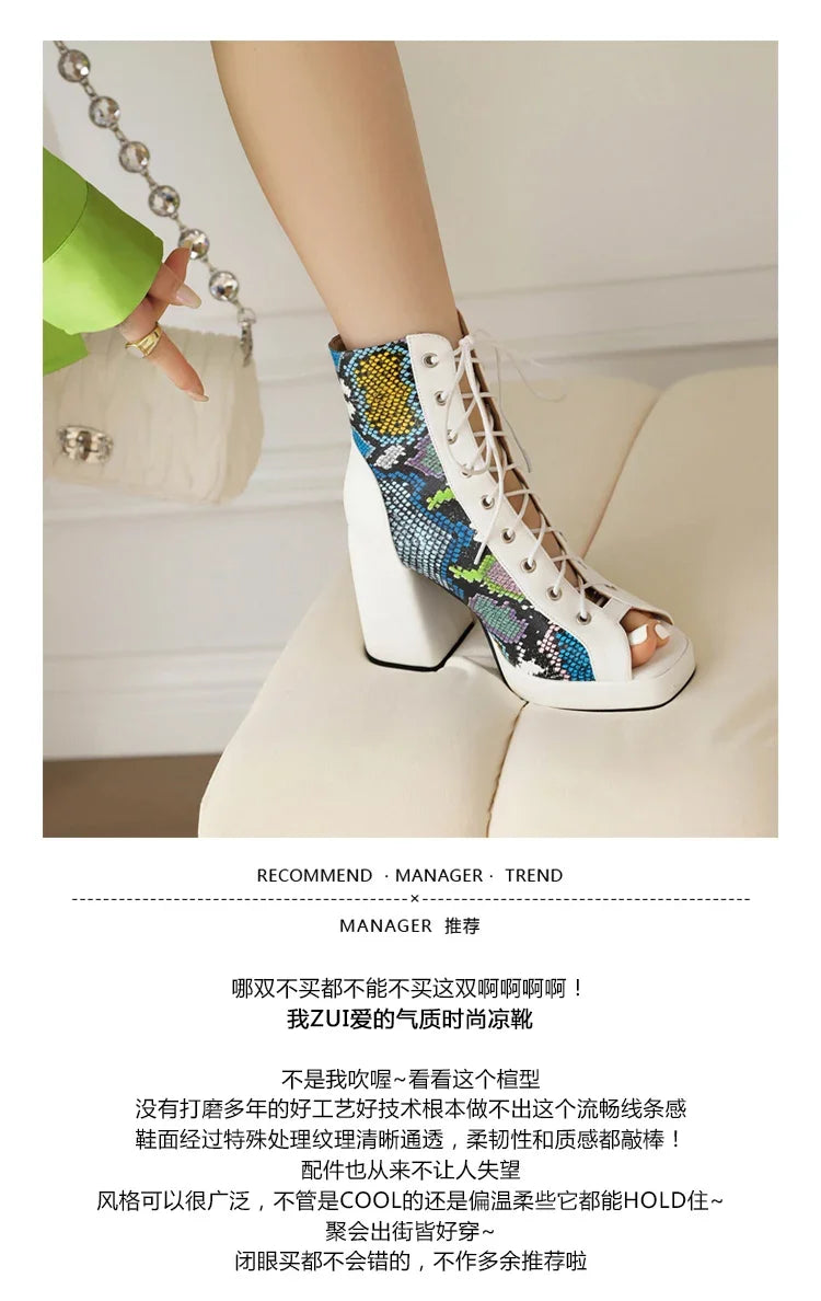 White Floral Embroidered Peep Toe Lace-Up Chunky Block Heel Platform Hollow Out Ankle Sandal Boots for Women