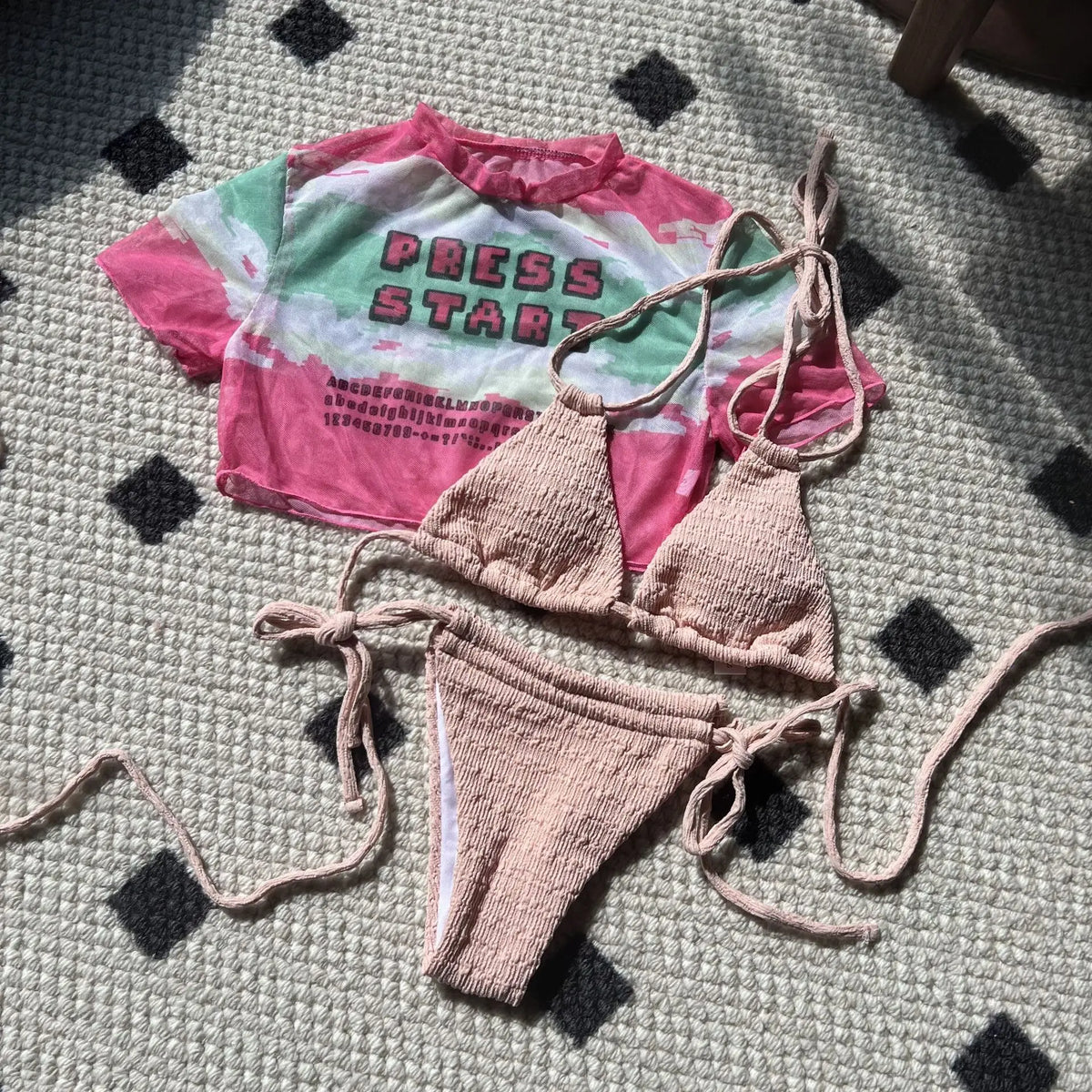 DEKA Girl Three-Piece Bikini Set High Cut Women Mesh Sheer Srappy Thong Swimwear Female Lace-up Swimsuit Bather Bathing Suit
