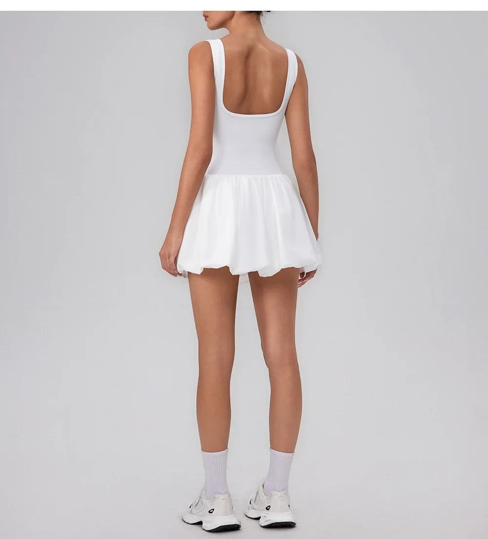 Summer One-piece Tennis Dress Women Fitness Fake Two-piece with Inner Separate Shorts Pockets Sleevesless Sports Pleated Skirt