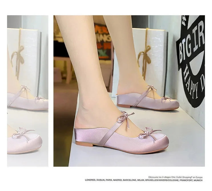 BIGTREE Satin Bow With One Strap With Shallow Mouth Half-Tugging Women's Hollow Inner Heightened Round-Head Sandals Comfortable