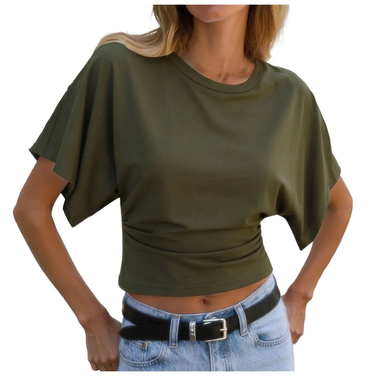 Y2k Solid Cotton O-Neck Ruched Waist Short Top Women Short-Sleeved Loose T-Shirt Causal All-Match Short Summer Basic T Shirts