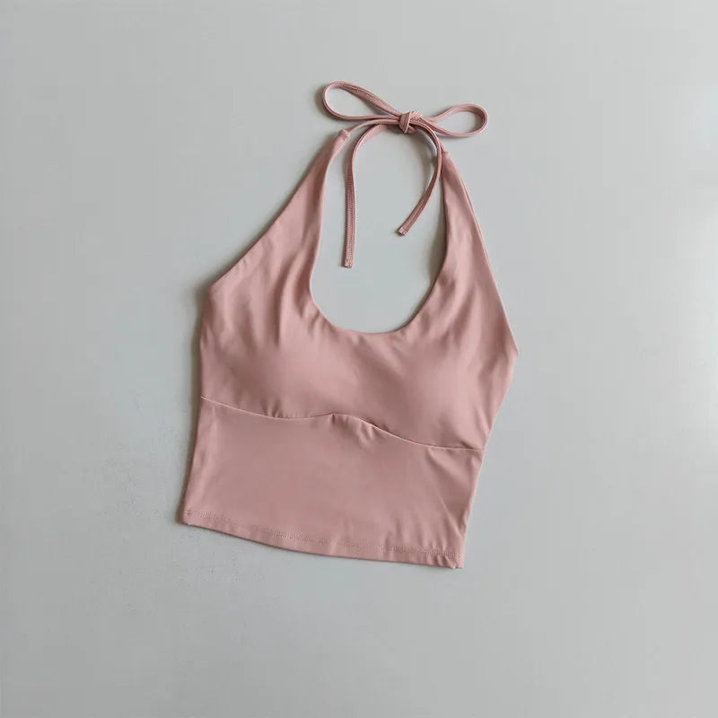 Women's Halter Neck Sports Bra Vest Slimming Tube Top for Yoga Gym Running Beautiful Back Sling Design One Cup Gathered Summer F