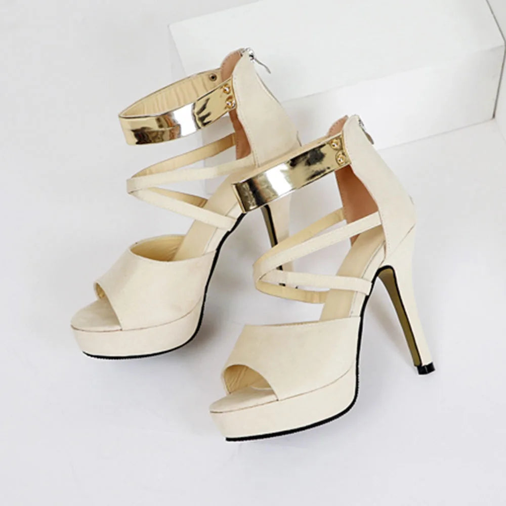 Women's Sexy Peep Toe Platform 12cm High Heel Sandals with Gold Metal Classic Ankle Strap Crisscross Stiletto Heel Party Shoes