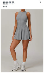 Women Front Zipper Tennis Dress Fake Two-piece Pieces Stand Up Collar Slim Fit Soft Sports Sets Fitness Pocket Skorts Yoga Suits