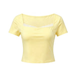 2026 Summer Women Lace Trim T-shirt Square Neck Short Sleeve Slim Fit Cropped Tops Trendy Daily Casual Retro Shirts