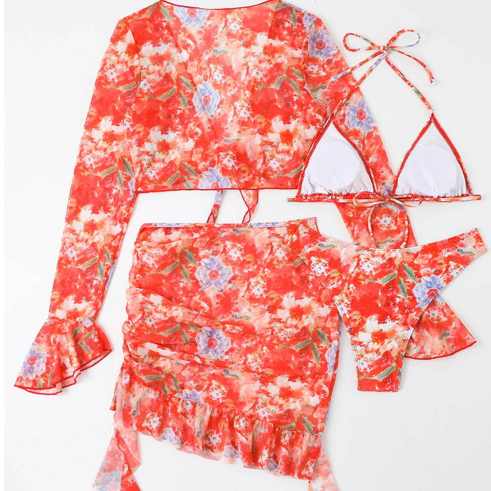 4 Pieces String Bikinis 2026 Women Sexy Swimwear Female Floral Swimsuit Bathers Bathing Swimming Swim Suit Beachwear Summer