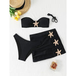 New White 3 Pieces Starfish Bandeau Bikini Set Swimsuit Women Swimwear with Sarong Skirts Dress Beach Wear Cut Out Bathing Suit