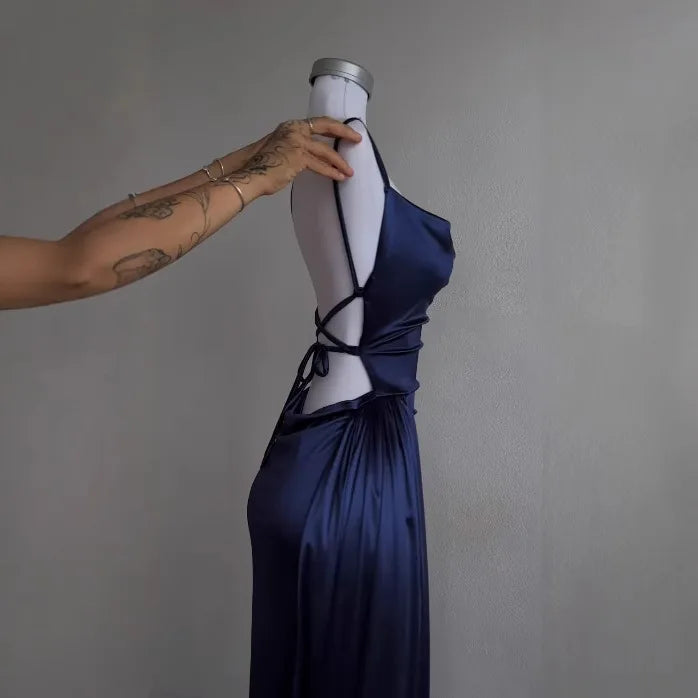 Y2k Hot Girls Pleated Spaghetti Strap Dresses Women Solid Color Sexy Backless Package Hip Slim Slit Long Dress Female Streetwear